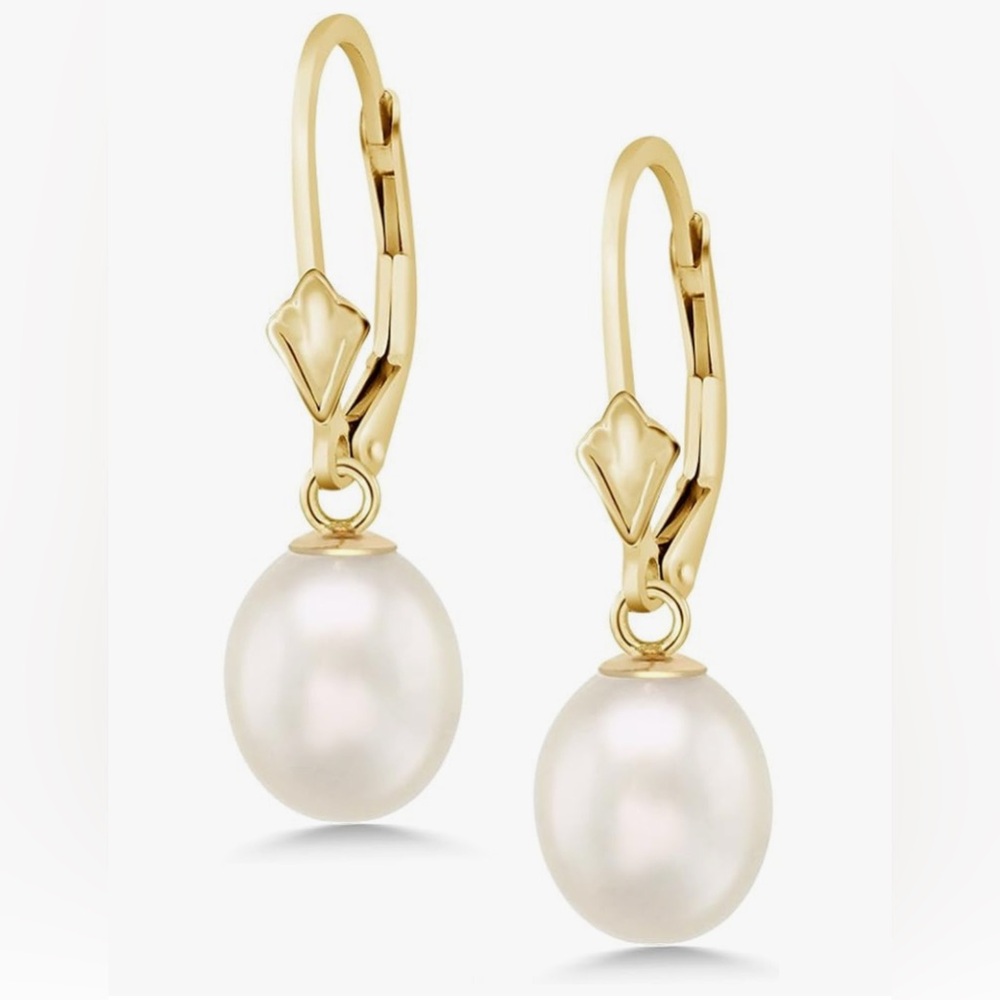 Solid 14K Yellow Gold 9MM Cultured Freshwater Teardrop Pearl Dangle Earrings